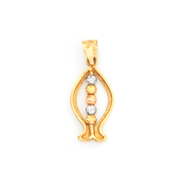 A gold pendant shaped like a fish or open shell with three vertical rows of small beads in gold, silver, and rose gold, set against a plain white background.