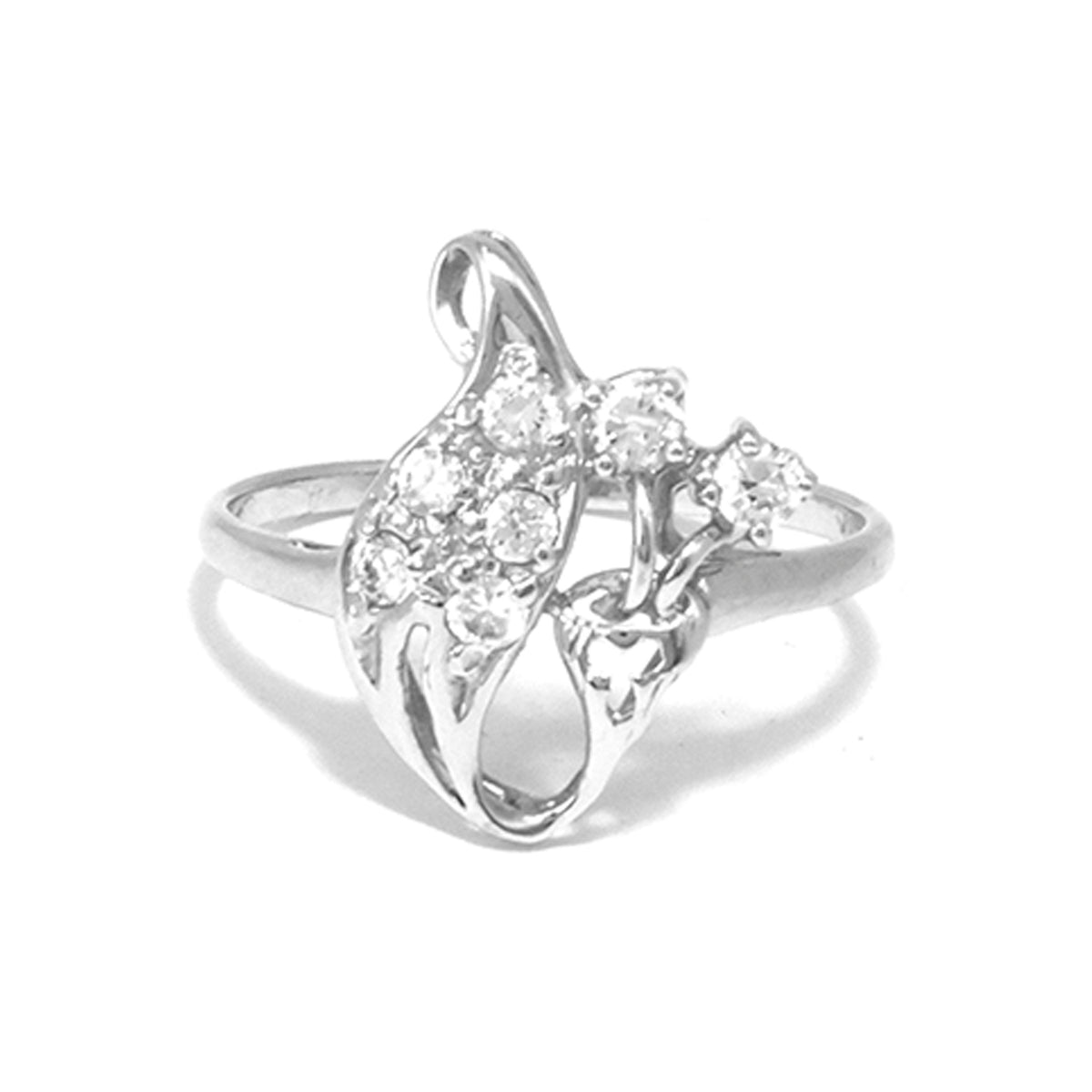 Silver ring with diamond accents on a white background