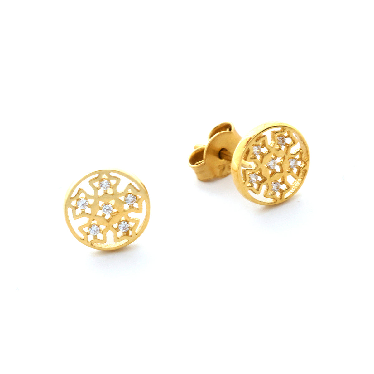 Gold earrings with intricate design on a white background