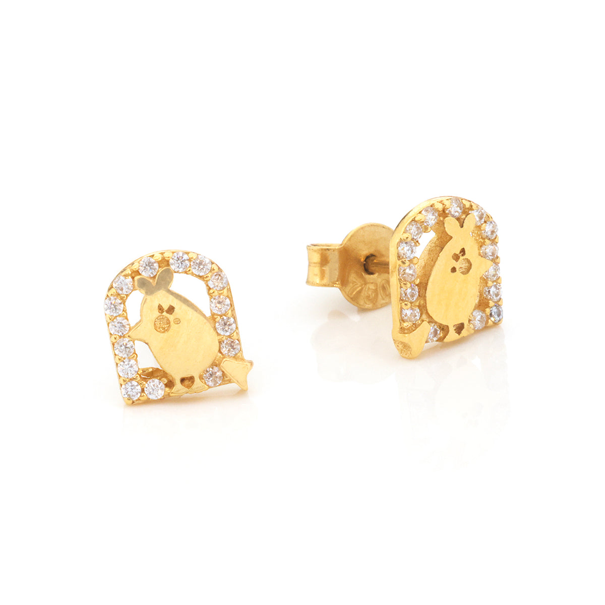 A pair of gold stud earrings featuring a small cartoon chick inside an arch bordered by clear crystals, shown on a clean white background.