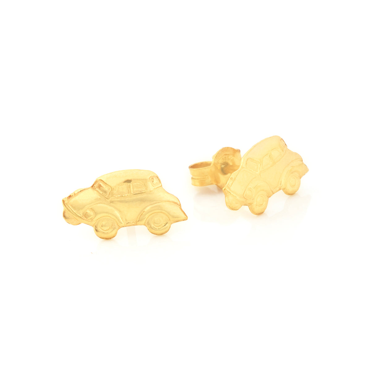 A pair of gold car-shaped stud earrings on a plain white background, with one earring facing forward and the other angled to show the post and back.