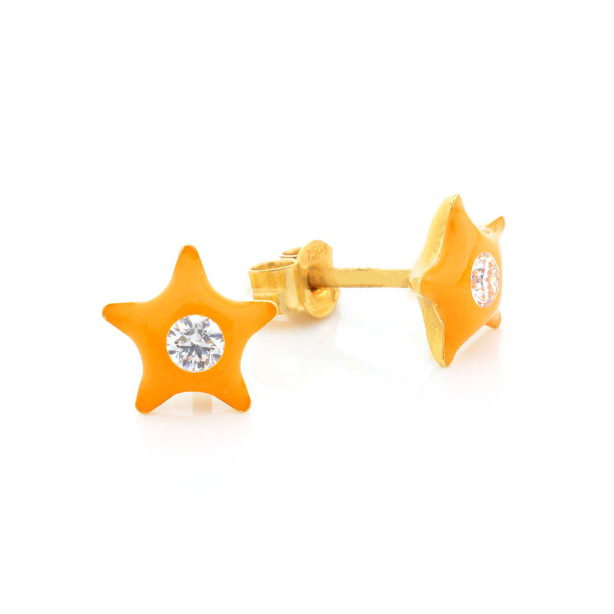 Star-shaped earrings with orange enamel and clear gemstones on a white background