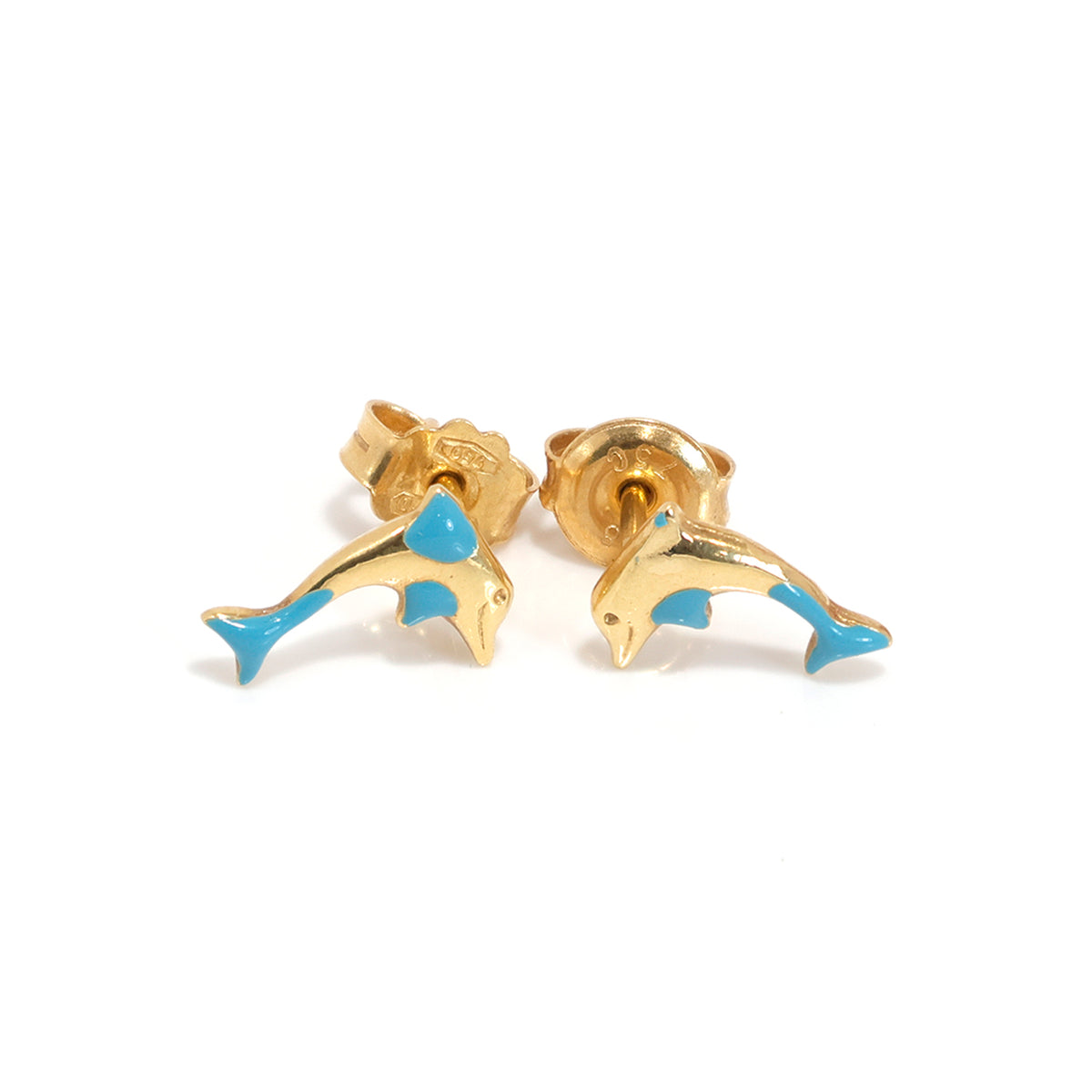 18K Gold Dolphin Stud Earrings with Blue Enamel – Zero Making Charge - Main View
