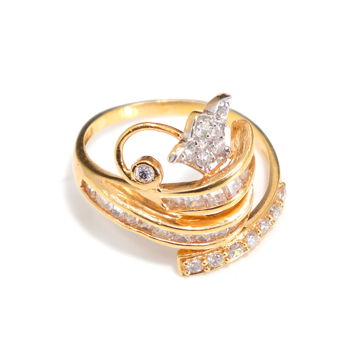21K Gold CZ Ring with Elegant Swirl Design– Zero Making Charge - Main View