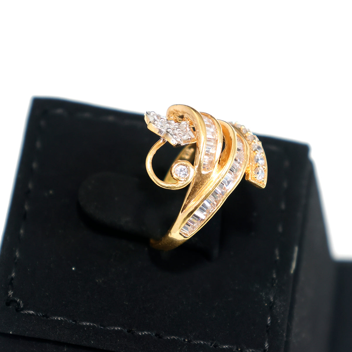 21K Gold CZ Ring with Elegant Swirl Design– Zero Making Charge - Side Angle