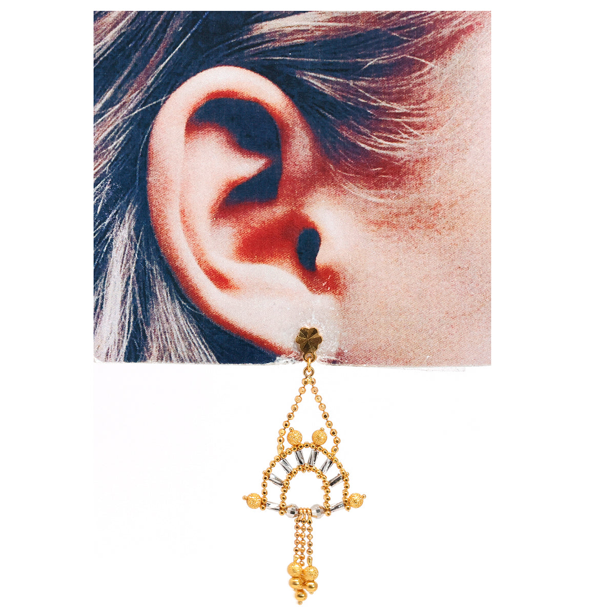 22K Gold Earrings – Two‑Tone Beaded Arch Drop Design – Size Reference