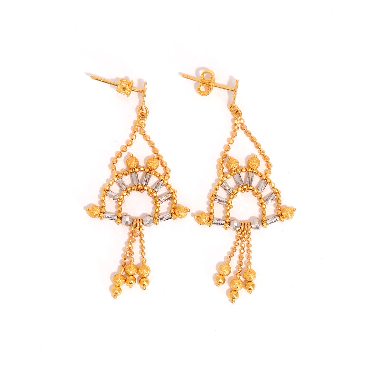 22K Gold Earrings – Two‑Tone Beaded Arch Drop Design – Main View