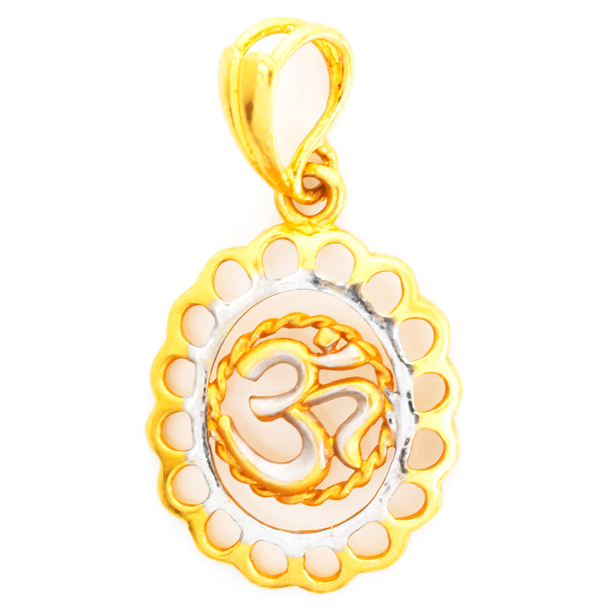Gold pendant with Om symbol on a white background