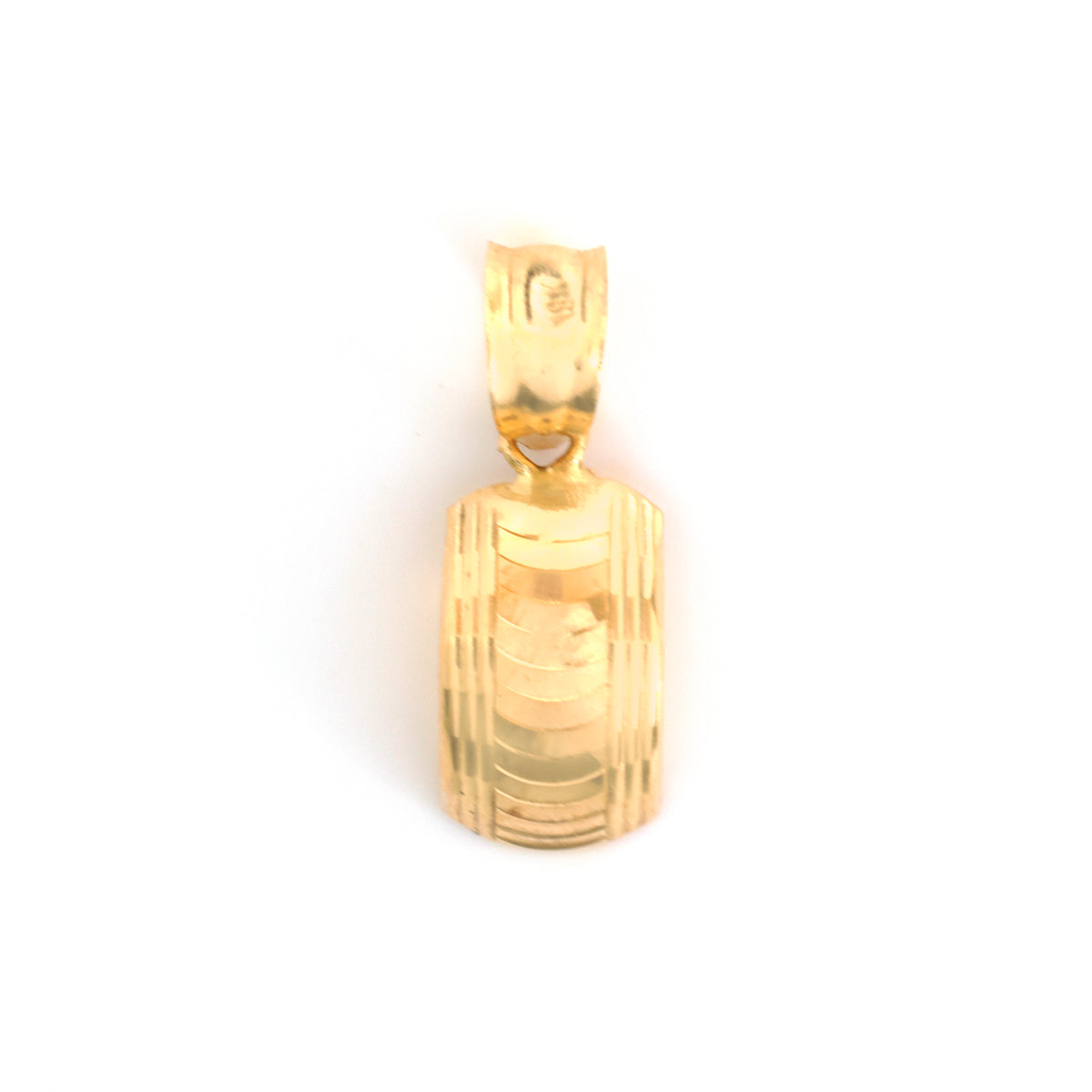 A polished yellow gold pendant with a textured, ribbed rectangular design and a top bail, shown on a plain white background.