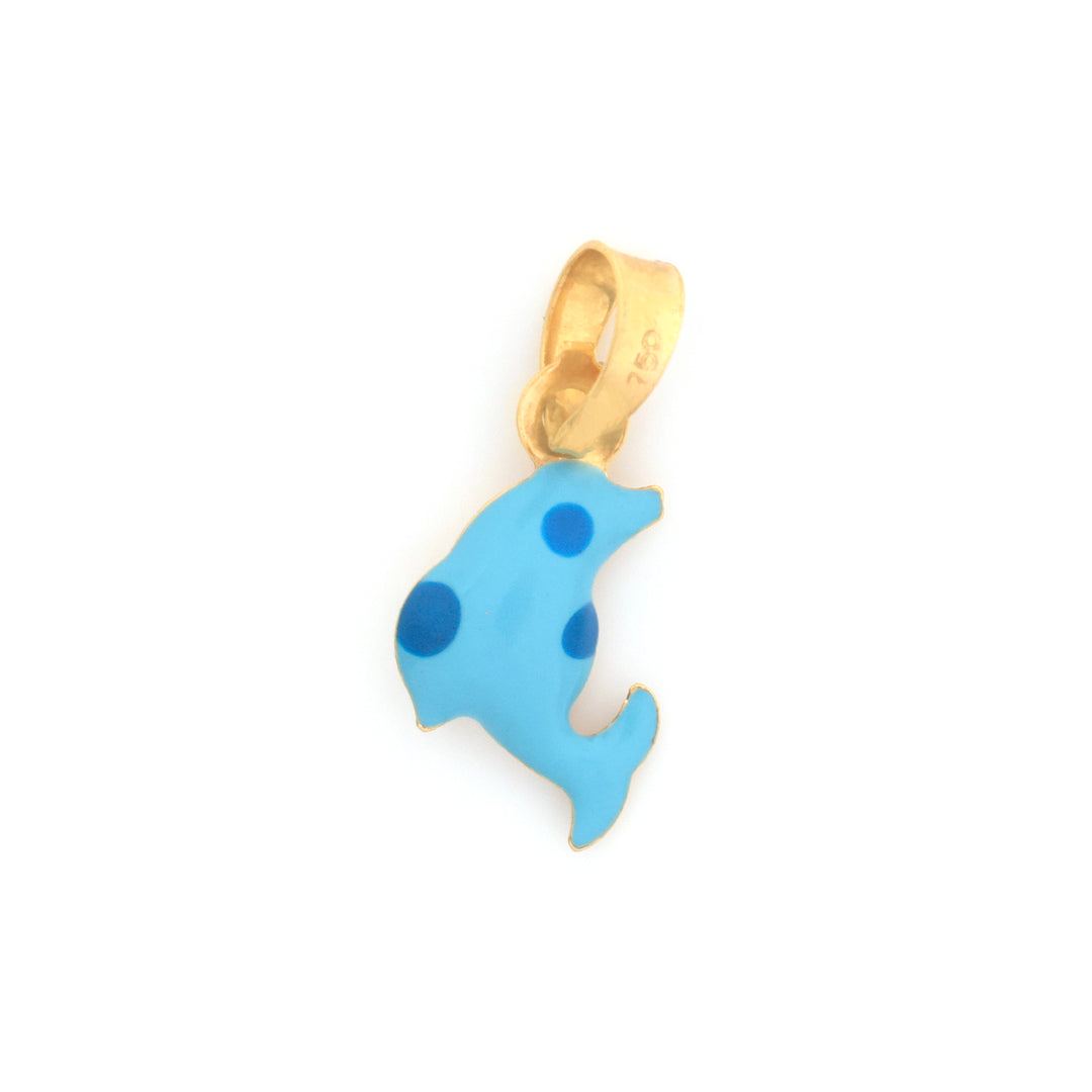 A small dolphin-shaped pendant charm with a gold-tone bail and body outlined in gold, featuring light blue enamel with darker blue spots, shown on a plain white background.