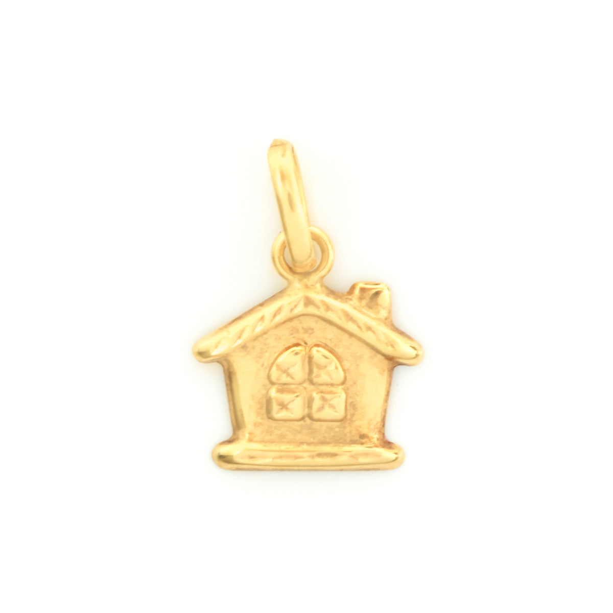 A small gold house-shaped charm pendant with a textured finish and a loop at the top, shown on a plain white background.