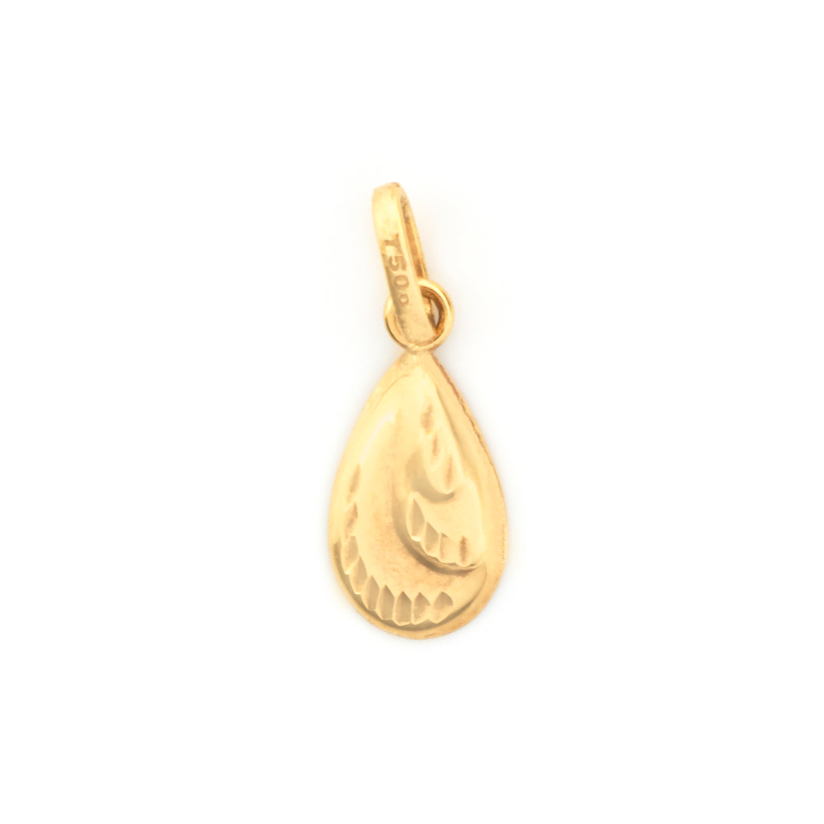 A small gold teardrop pendant charm with a textured, engraved surface and a bail at the top, shown on a plain white background.