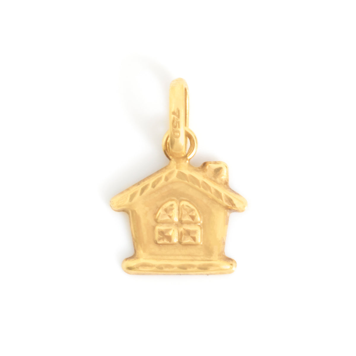 A small gold house-shaped charm pendant with a textured surface and a small loop at the top, shown on a plain white background.