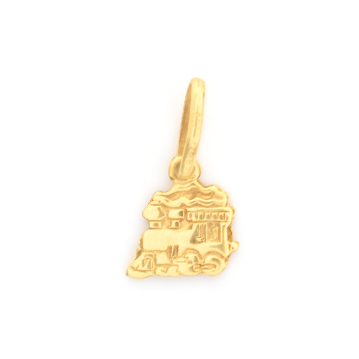 A small gold charm shaped like a vintage train with a loop at the top, shown on a plain white background.