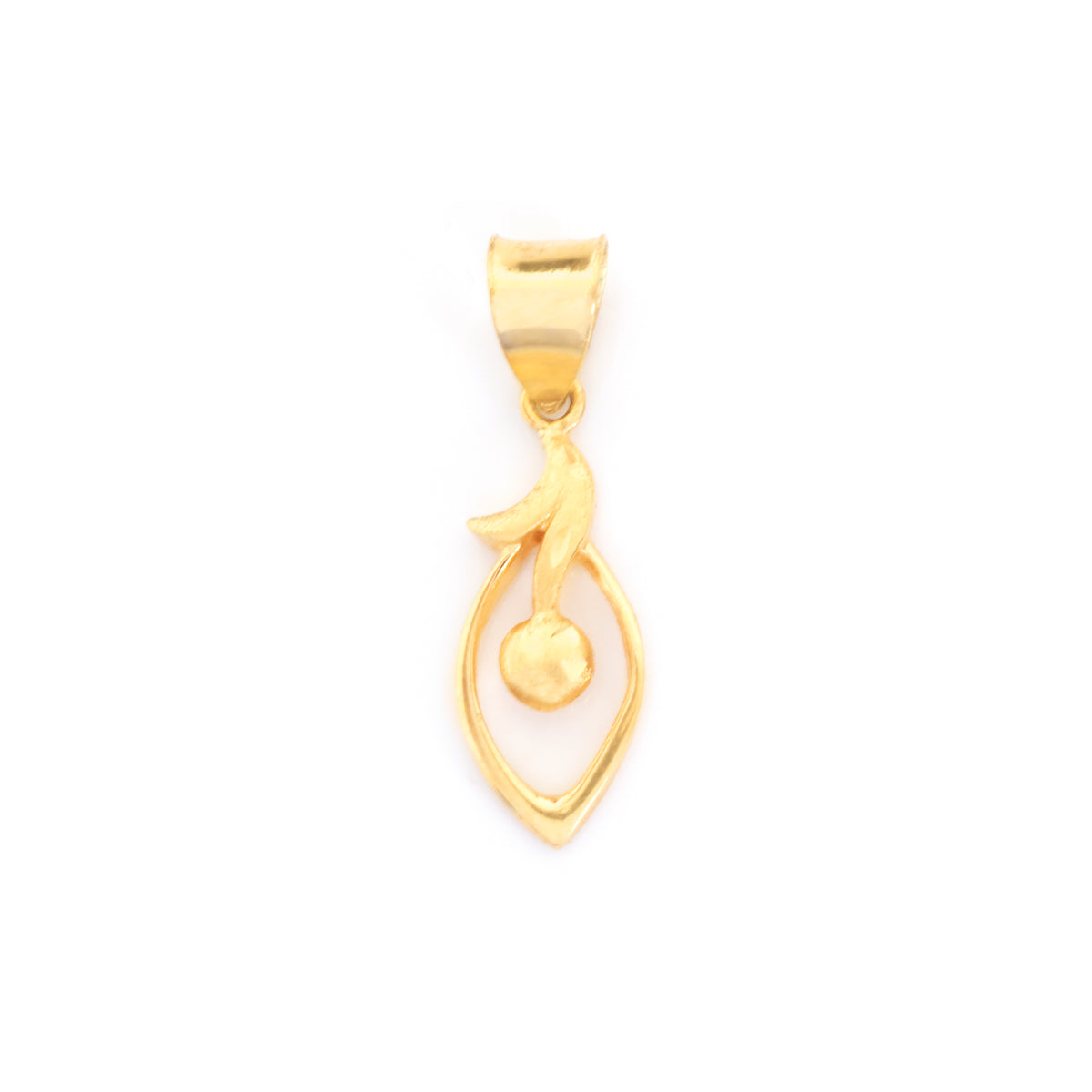 A gold pendant featuring a stylized leaf or teardrop outline with a small circular bead detail and a curved crescent above, shown on a plain white background.