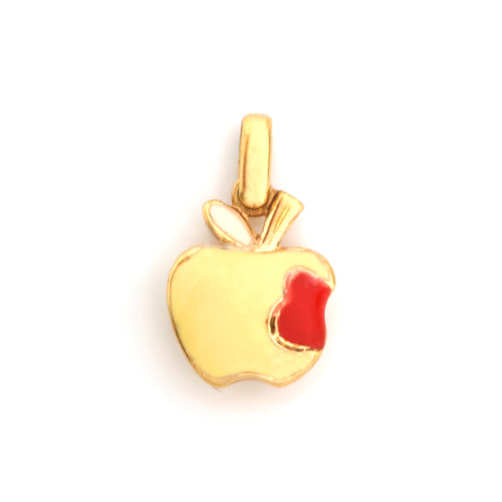 A gold apple-shaped pendant charm with a small red enamel heart detail on the side, shown against a plain white background.