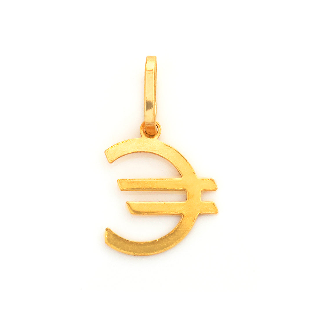 A gold pendant shaped like the euro symbol, displayed on a clean white background.