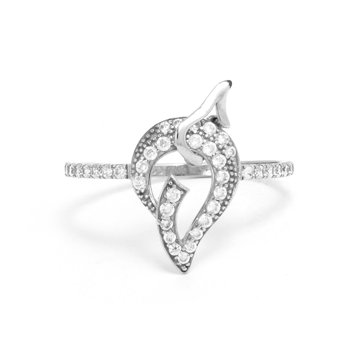 Silver ring with teardrop design and embedded crystals on a white background