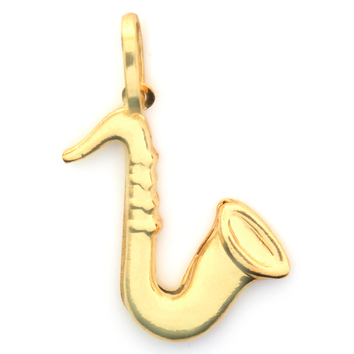 A polished gold saxophone-shaped pendant charm on a solid white background.