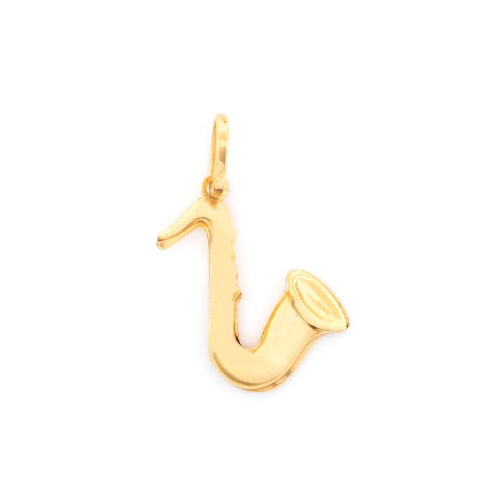 A polished gold saxophone-shaped pendant charm on a solid white background.