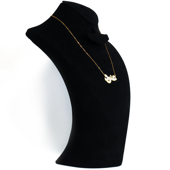 Black turtleneck with a gold necklace on a white background
