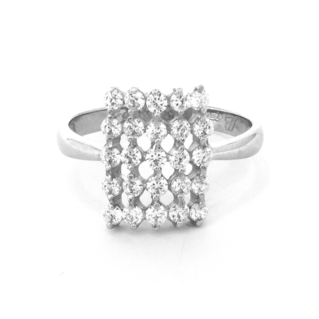 Silver ring with diamond-like stones on a white background