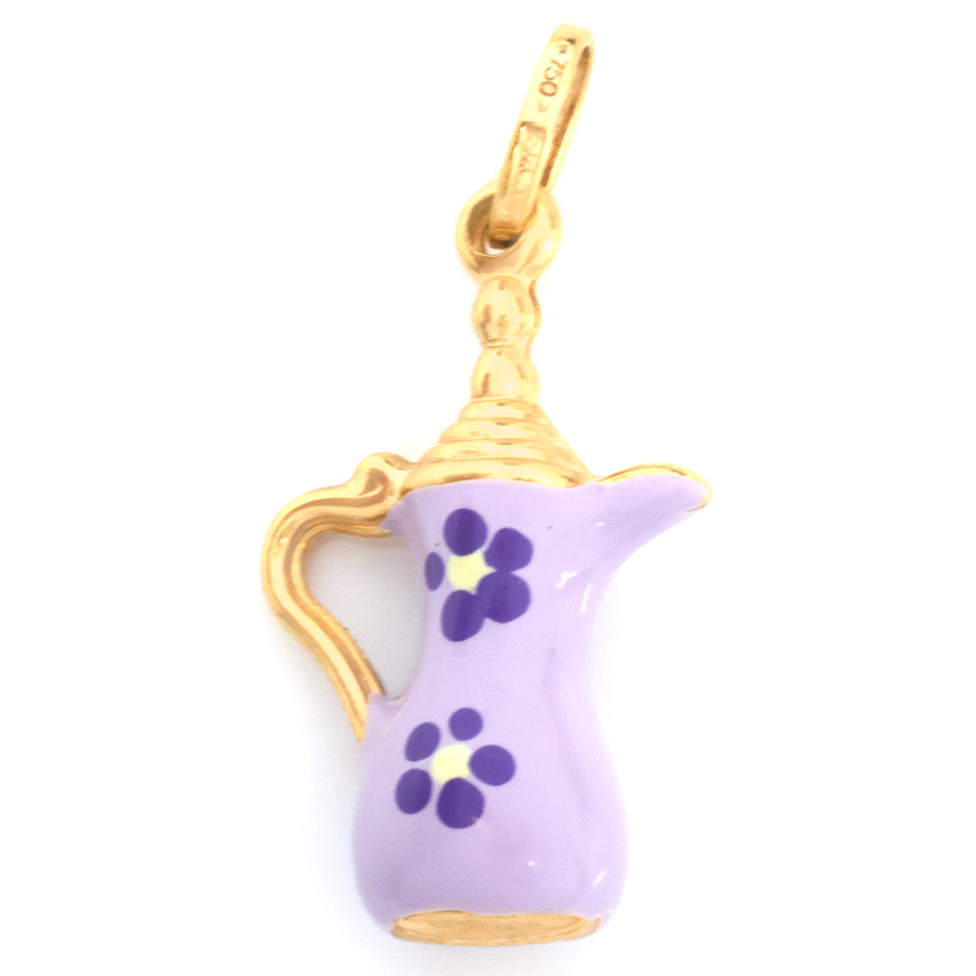 A gold-plated charm pendant shaped like a small purple coffee pot or teapot, decorated with purple flower motifs on a white background.