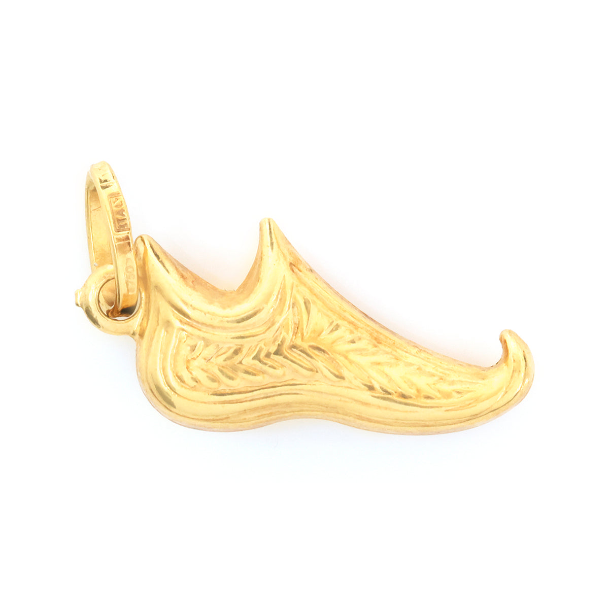 A gold pendant shaped like a cowboy boot, featuring engraved details and a hanging loop at the top, shown on a plain white background.