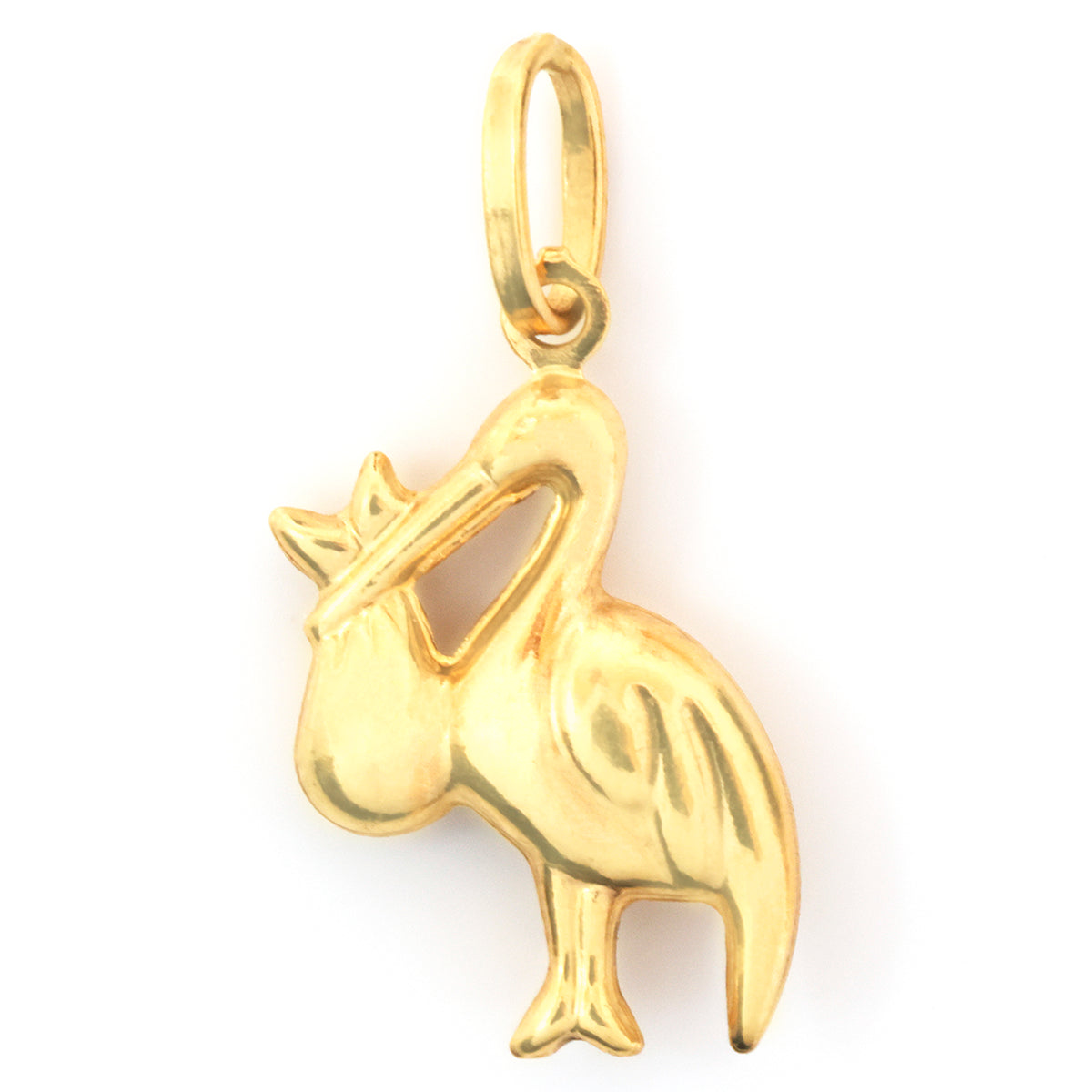A polished yellow gold pendant shaped like a pelican, featuring a detailed beak, body, and a top loop for attachment, shown on a clean white background.