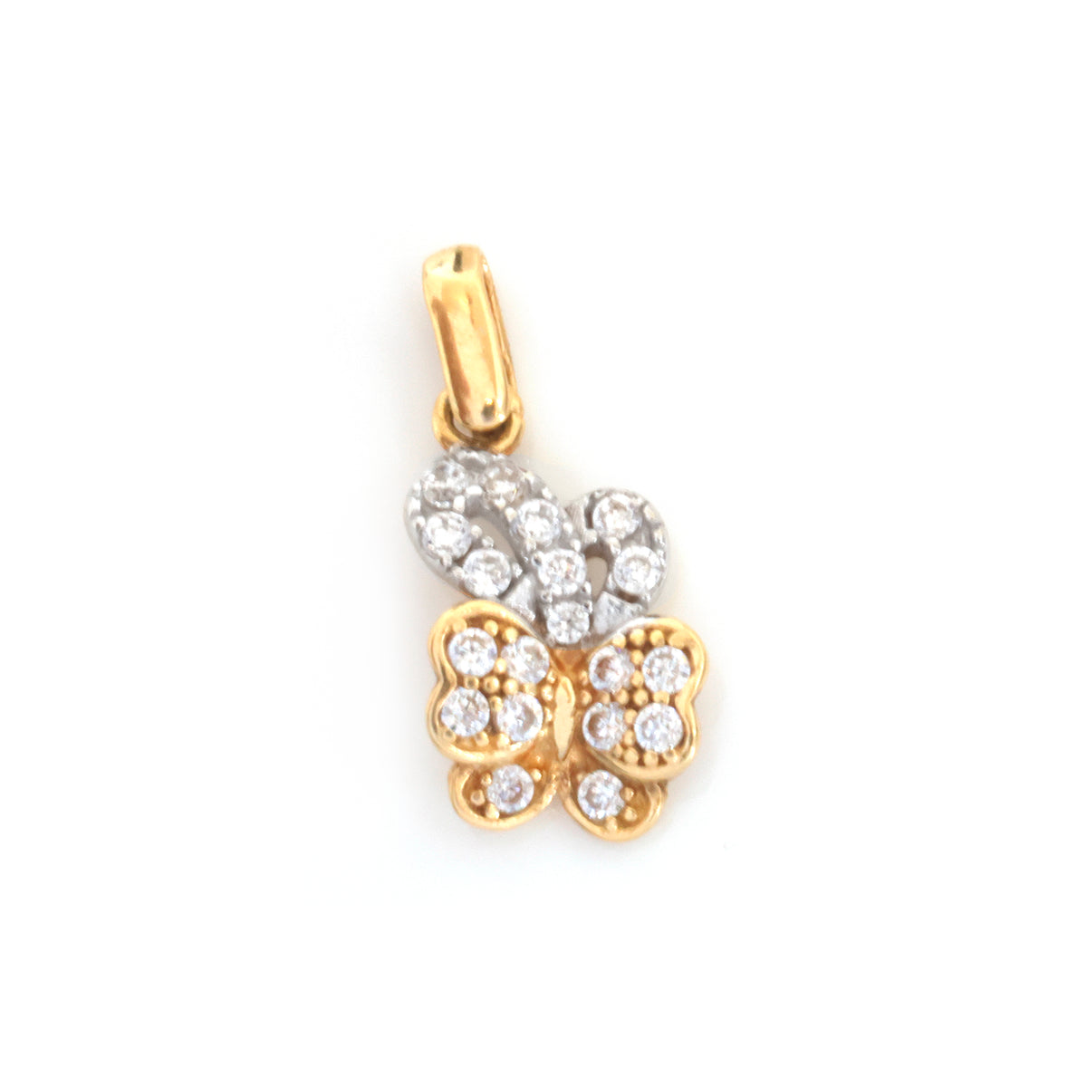A butterfly-shaped pendant charm in yellow gold and white gold, adorned with small clear pavé gemstones, shown on a plain white background.