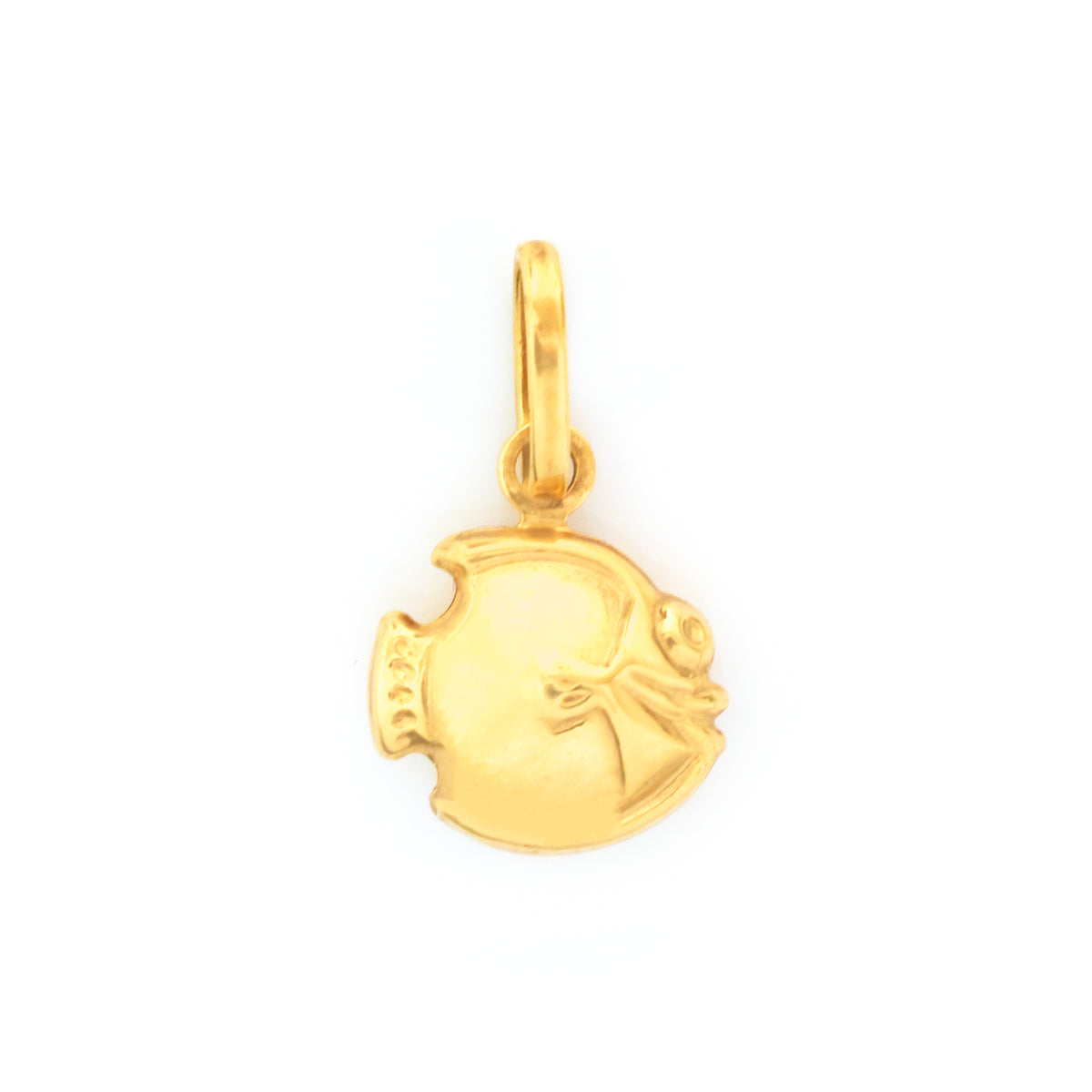 A small gold fish-shaped pendant charm with a bail at the top, shown on a plain white background.