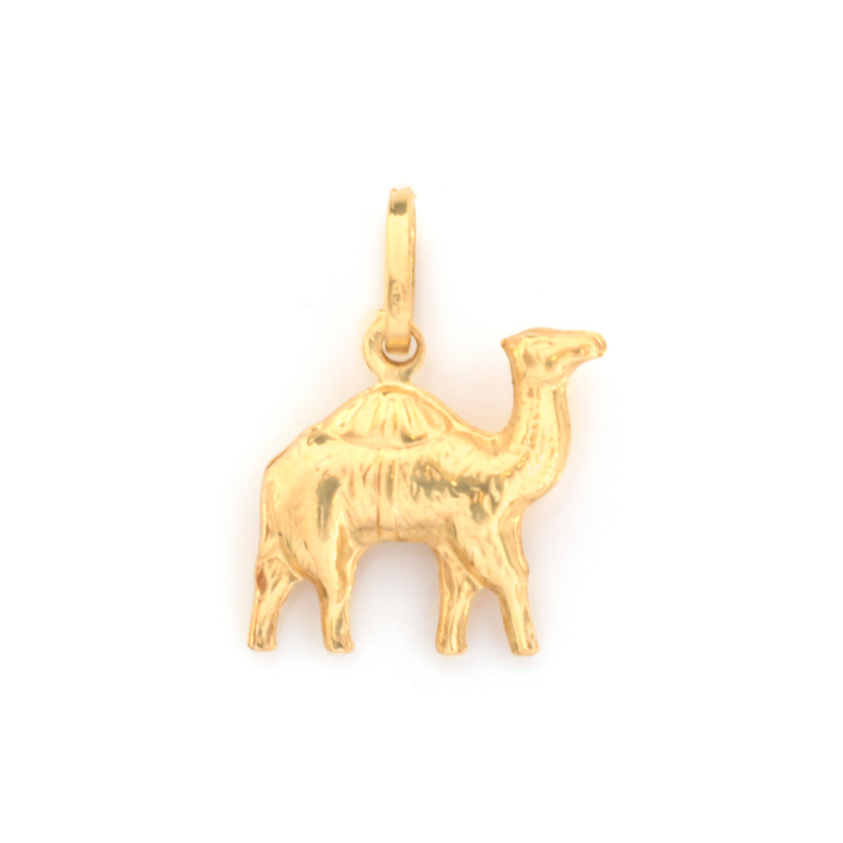 A small gold camel pendant charm with a textured finish and a top loop, shown on a plain white background.
