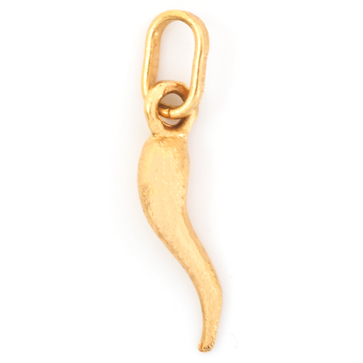 A small gold charm shaped like a curved horn or horn-like pendant with a loop at the top, shown on a plain white background.