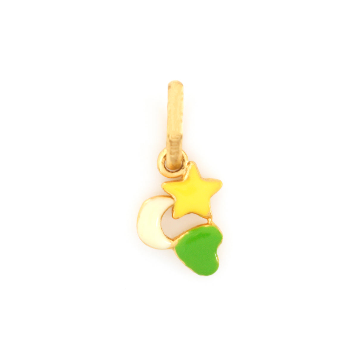 A gold charm featuring a yellow star, a gold crescent moon, and a green heart, shown on a plain white background.