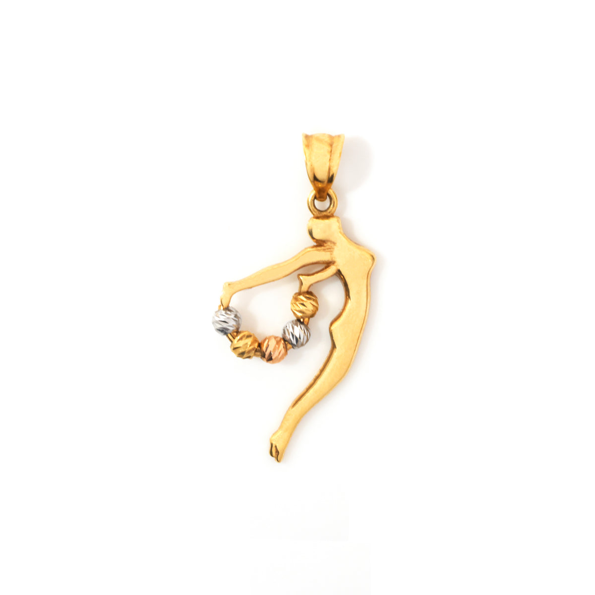 A gold pendant shaped like a stylized dancer or figure holding a small cluster of twisted beads in one hand, shown on a plain white background.