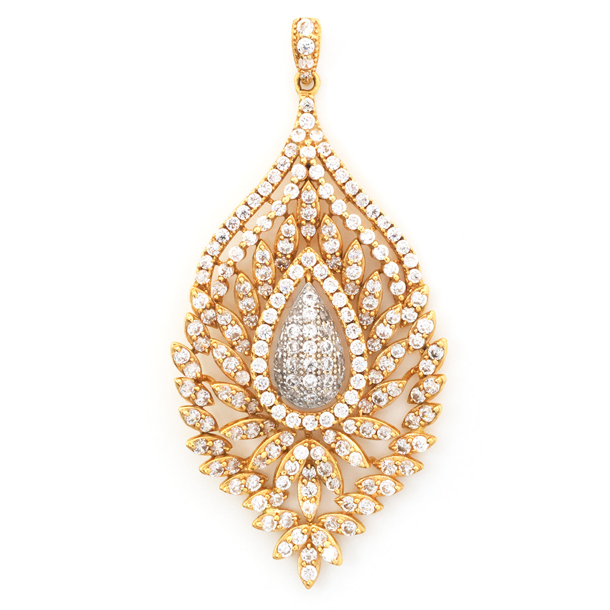 A teardrop-shaped gold pendant adorned with numerous small clear stones and a larger central teardrop cluster of stones, shown on a plain white background.