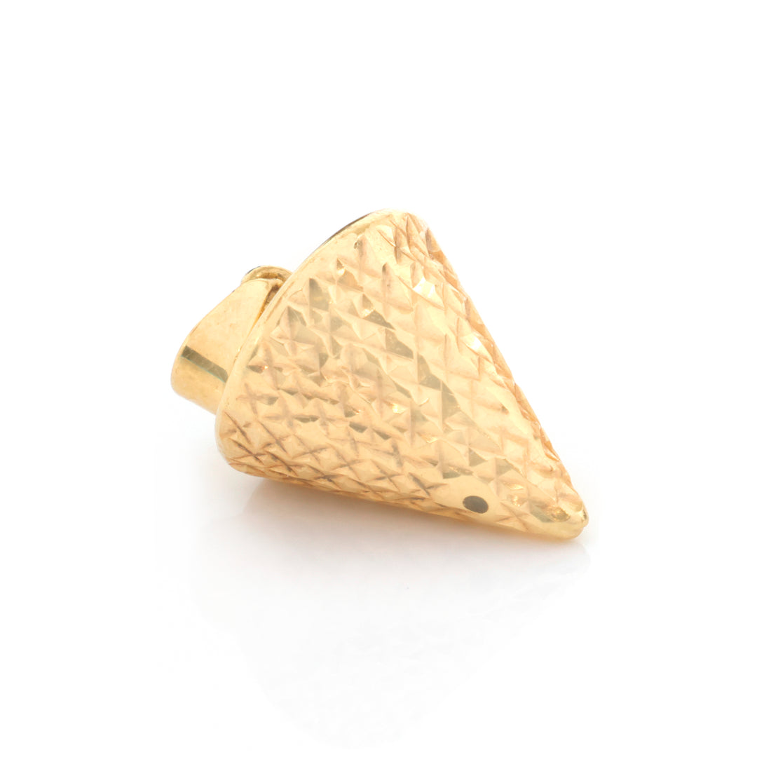 A gold-colored textured cone-shaped pendant or charm with a diamond-patterned surface, shown on a clean white background.