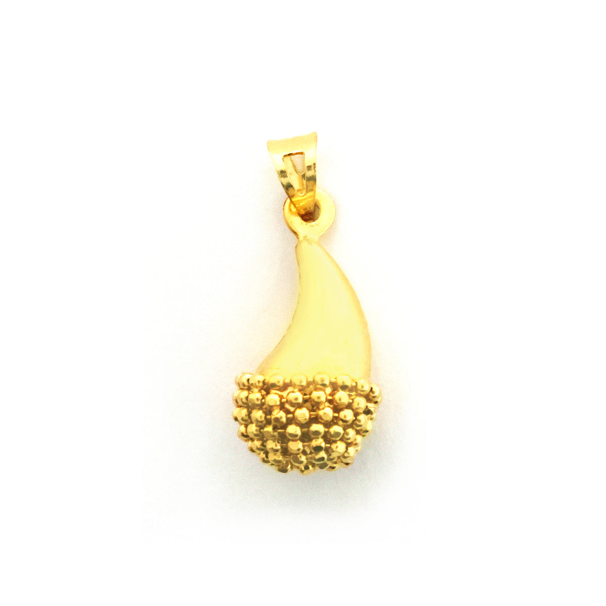 Gold pendant shaped like a banana on a white background
