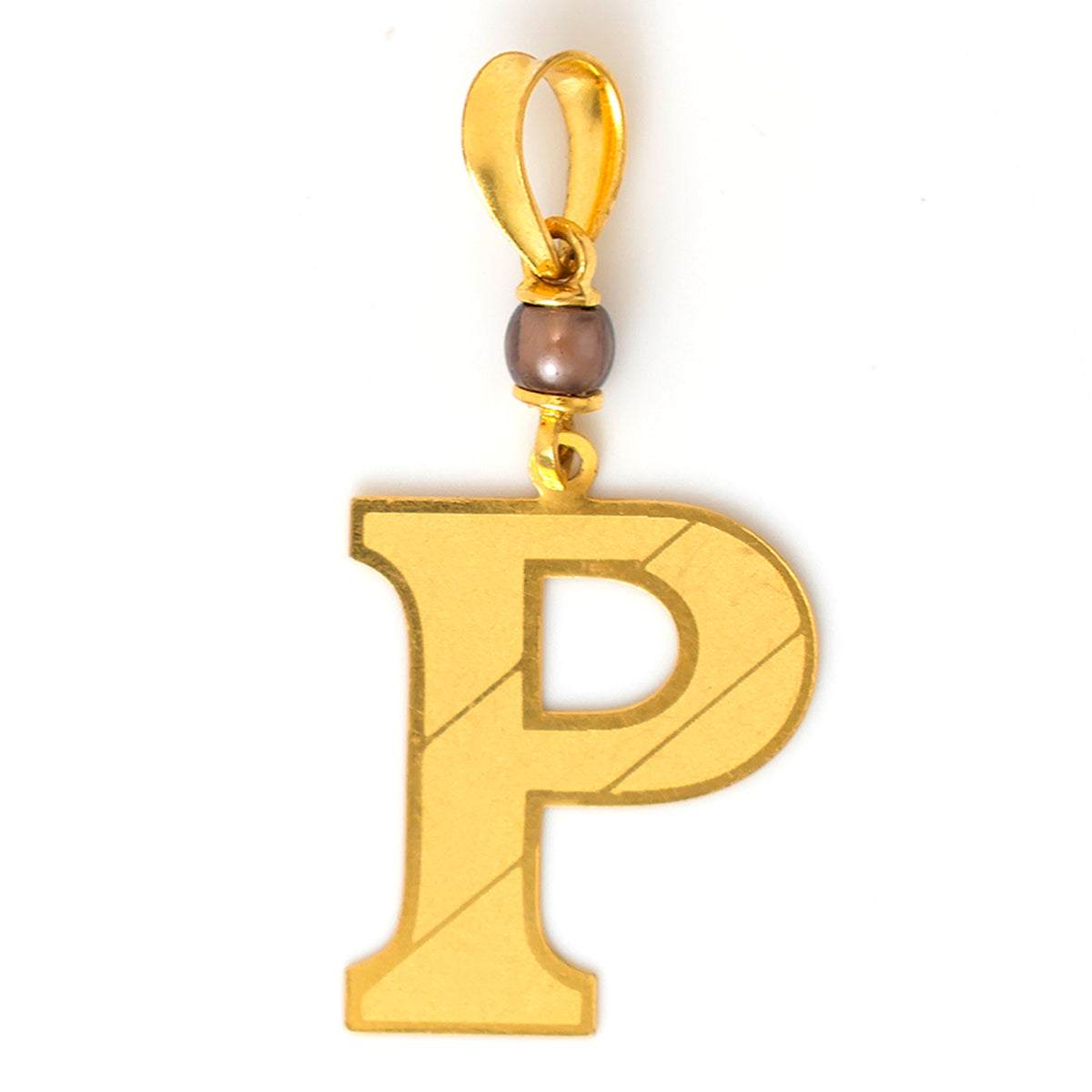 Gold letter 'P' pendant with a small bead on a white background