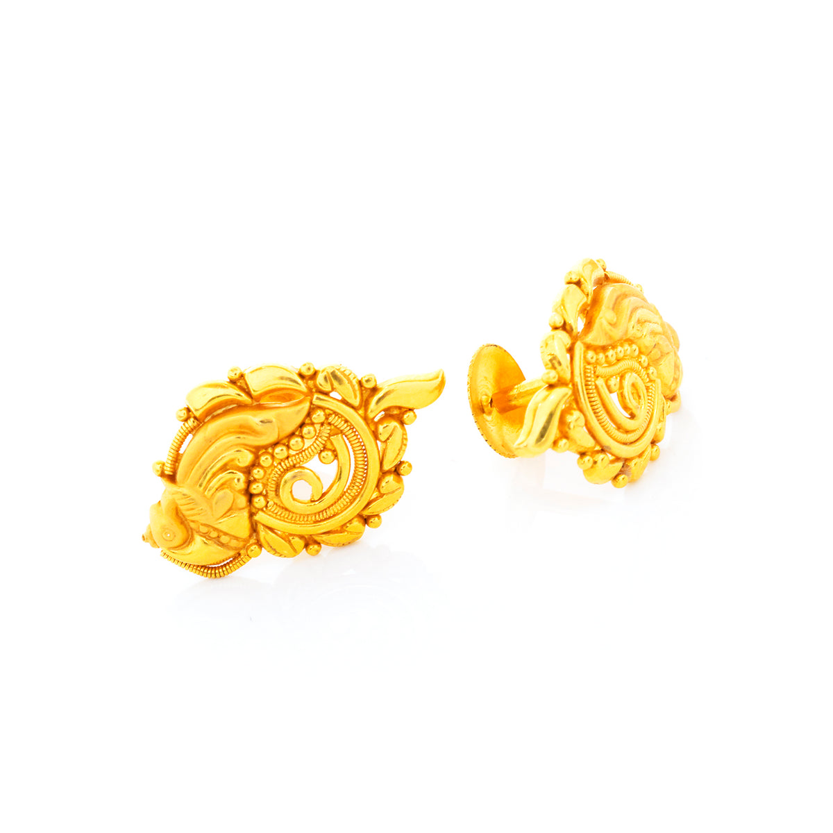 Pair of gold earrings on a white background