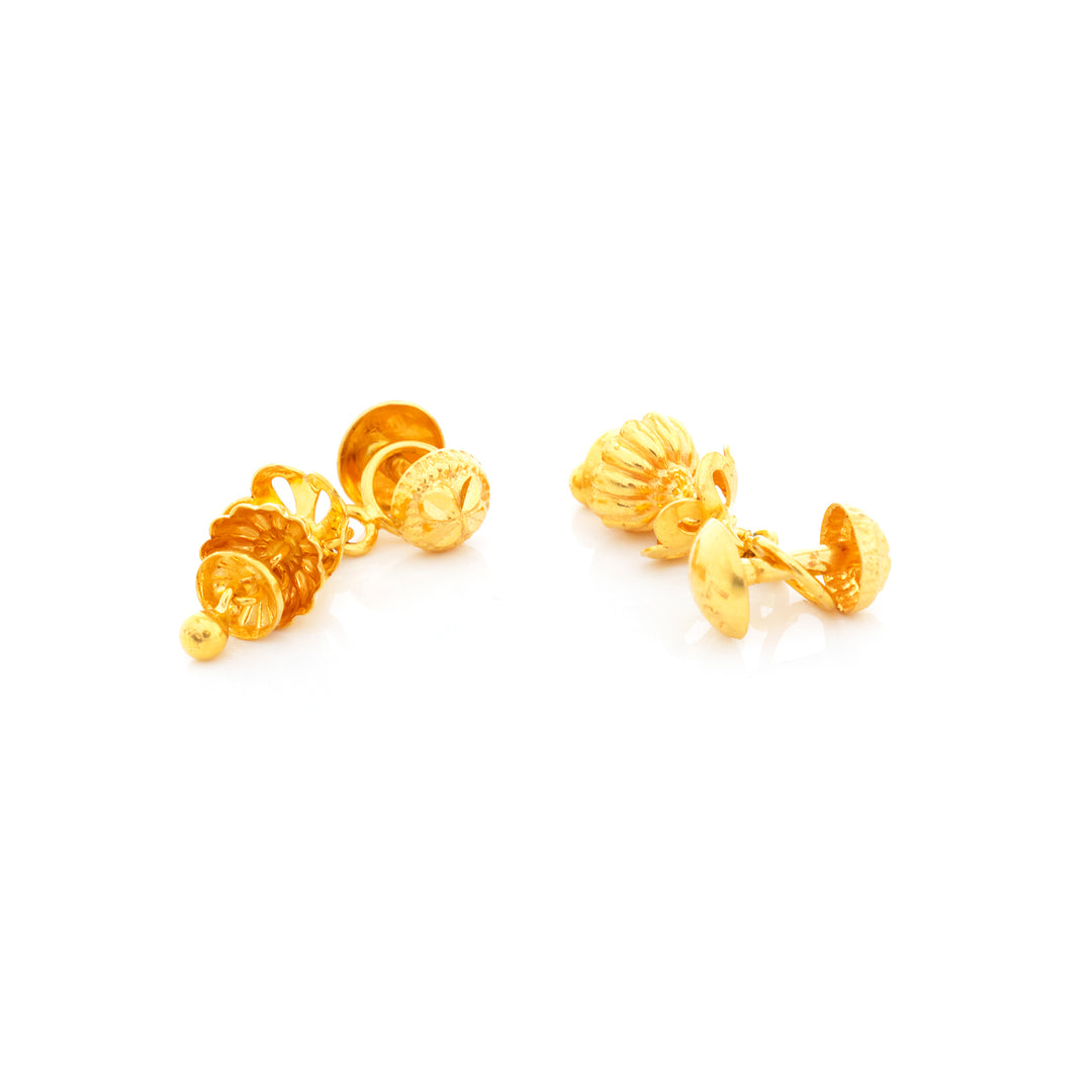Pair of gold earrings on a white background