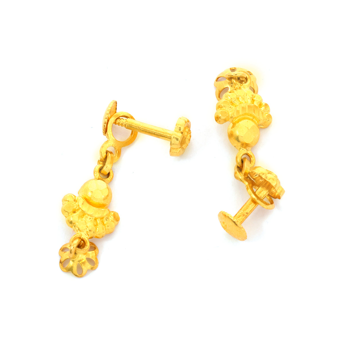 Pair of gold earrings on a white background