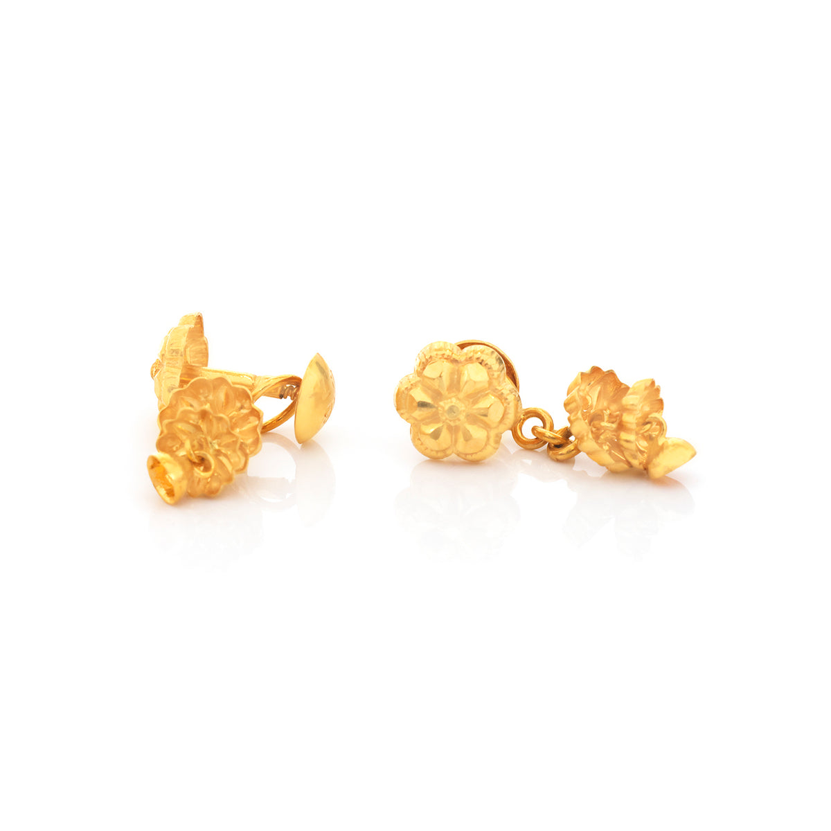 22K Gold Two-Tier Flower Drop Stud Earrings