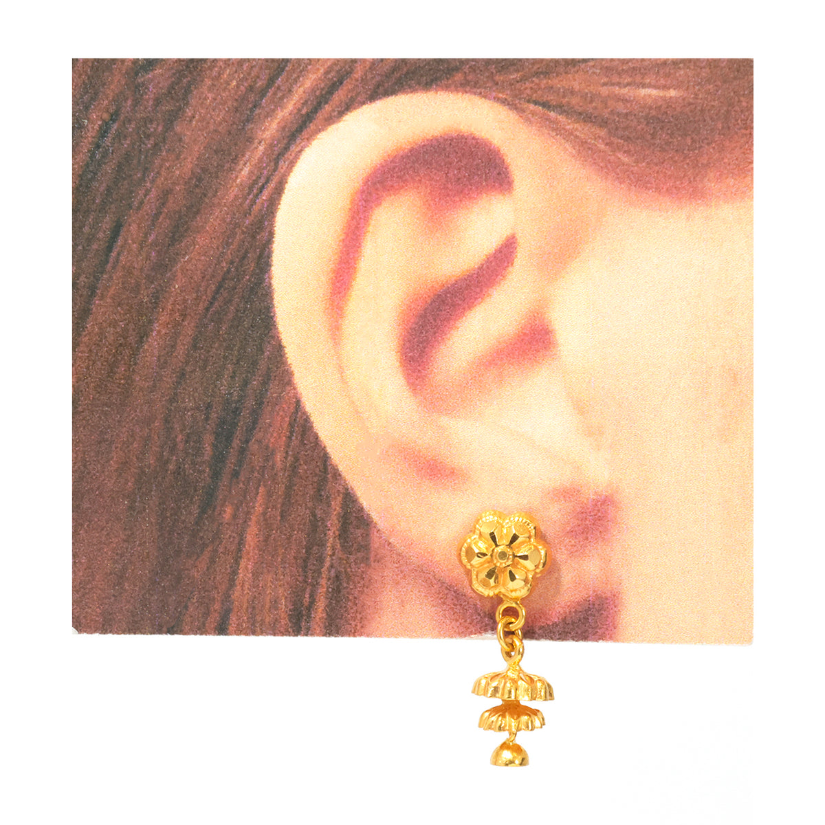 22K Gold Two-Tier Flower Drop Stud Earrings