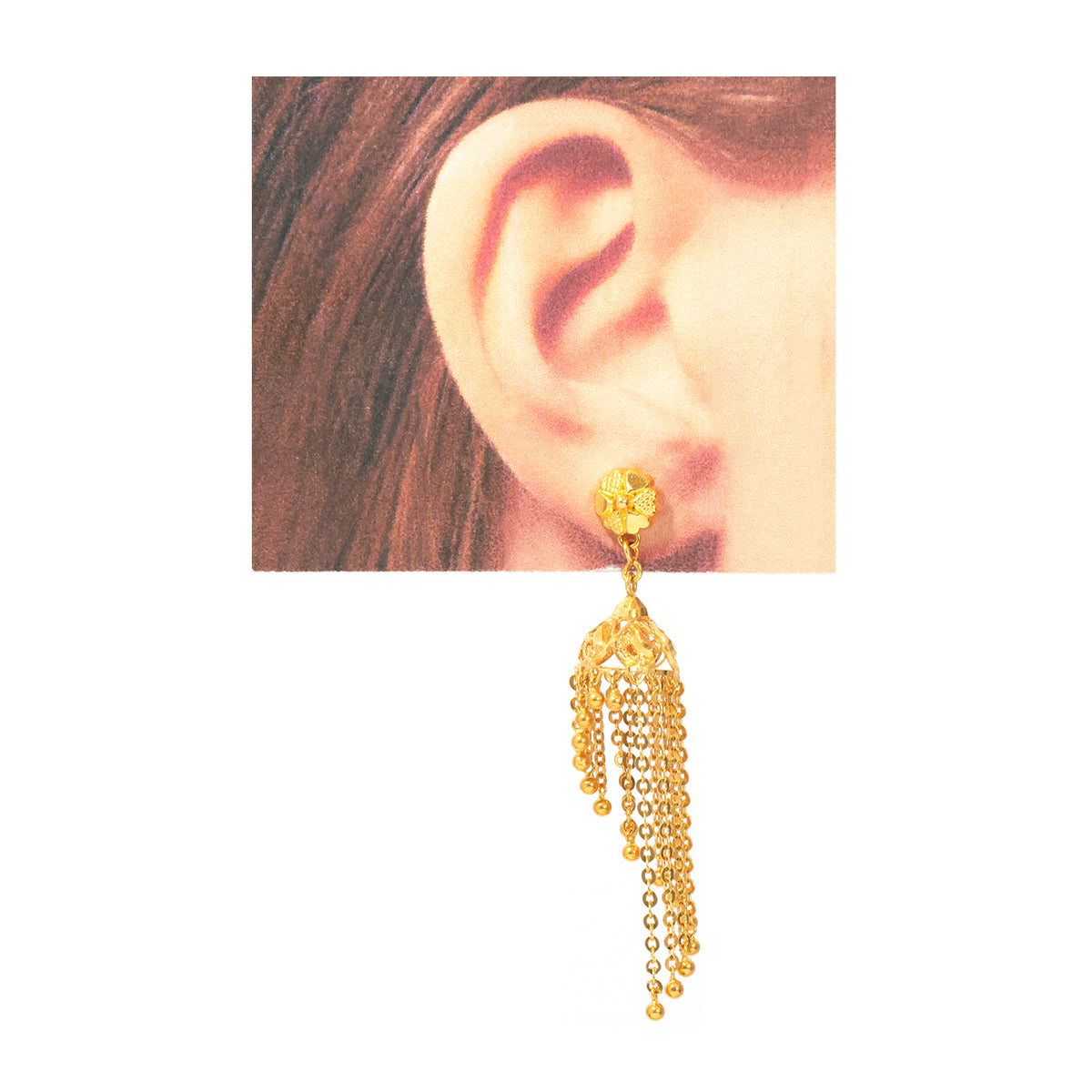 22K Gold Layered Dome Bell Fringe Jhumka Earrings