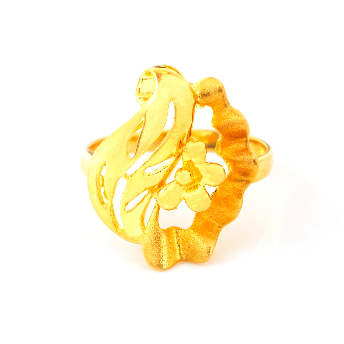 A gold ring featuring a textured, organic openwork design with a small flower motif, photographed on a clean white background.