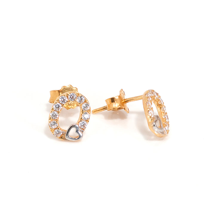 21K Gold CZ Stud Earrings with Heart Accent | Elegant Design - Main View