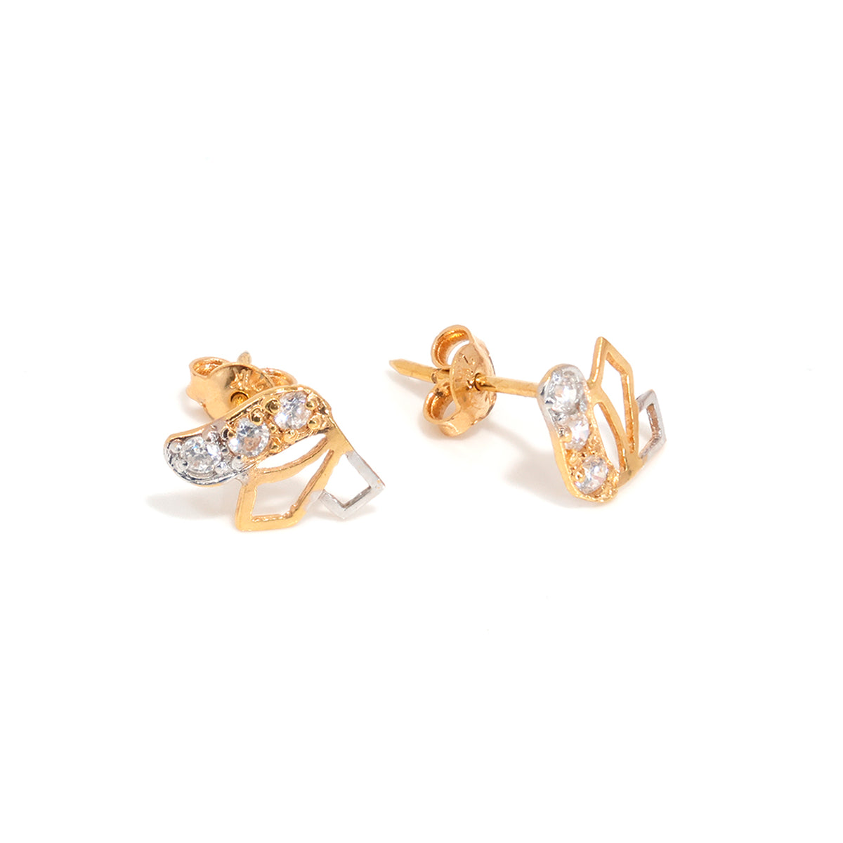 21K Gold CZ Geometric Stud Earrings - Modern Two-Tone Design – Main View