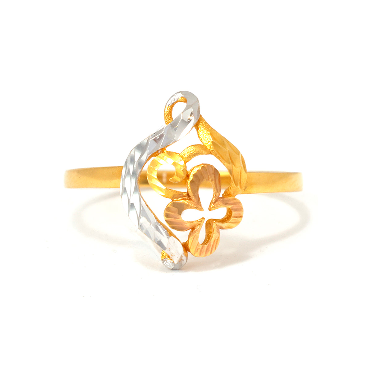 Two-tone gold and silver ring with floral design on a white background