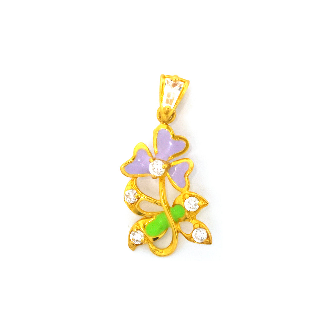 Gold pendant with colorful butterfly design on a white background